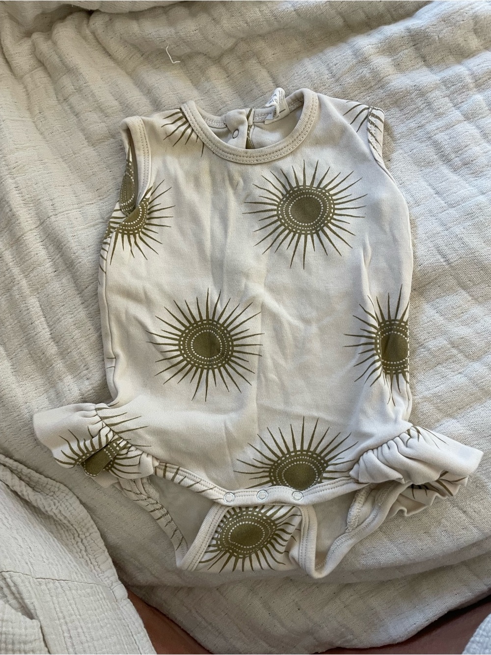 kate quinn Cream One-Piece Romper with Gold Sunburst Print